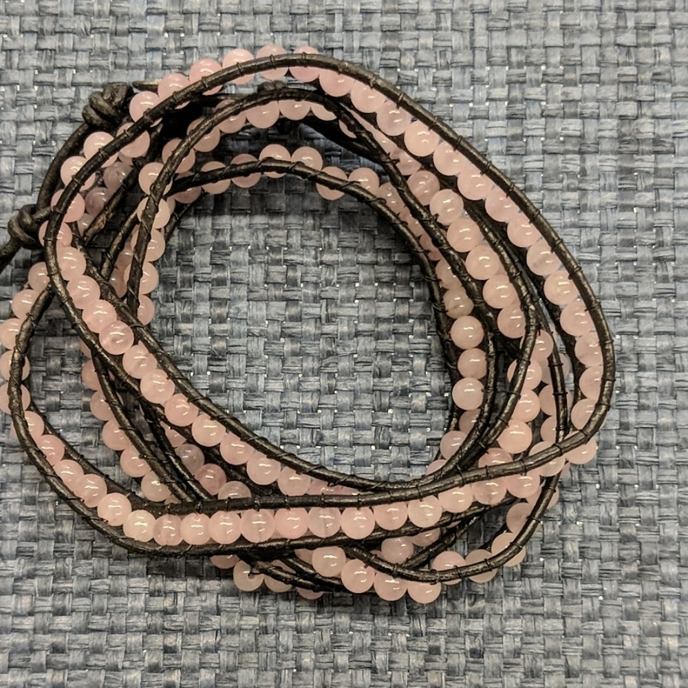 Rose quartz and leather wrap bracelet